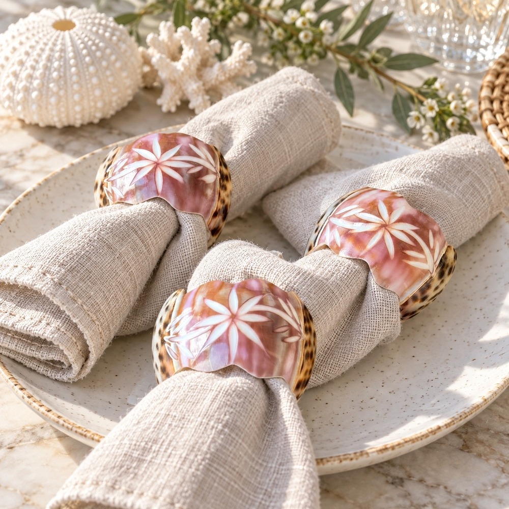 Vintage Tiger Cowrie Shell Napkin Rings Set of 3 Pink Floral Coastal Boho